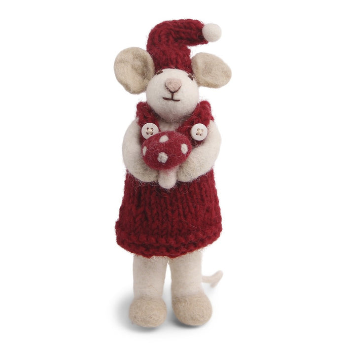En Gry & Sif felt mouse with red dress and toadstool