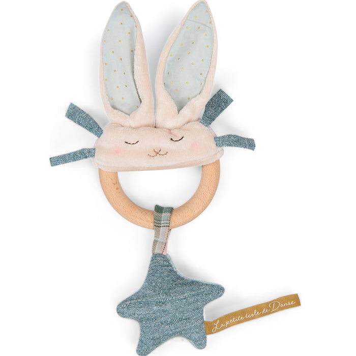 Moulin Roty wooden ring rattle - blue & cream rabbit