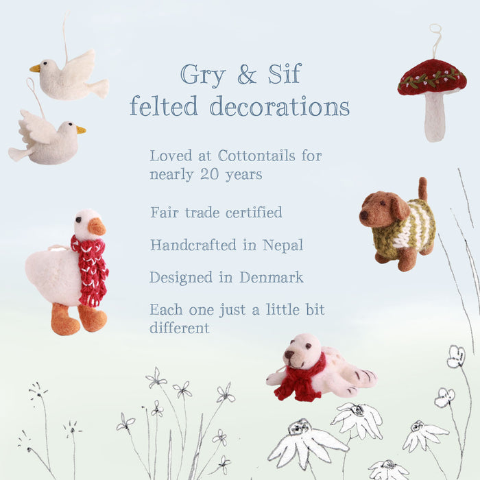 Gry & Sif handmade felt decoration - embroidered Christmas toadstool (9cm)