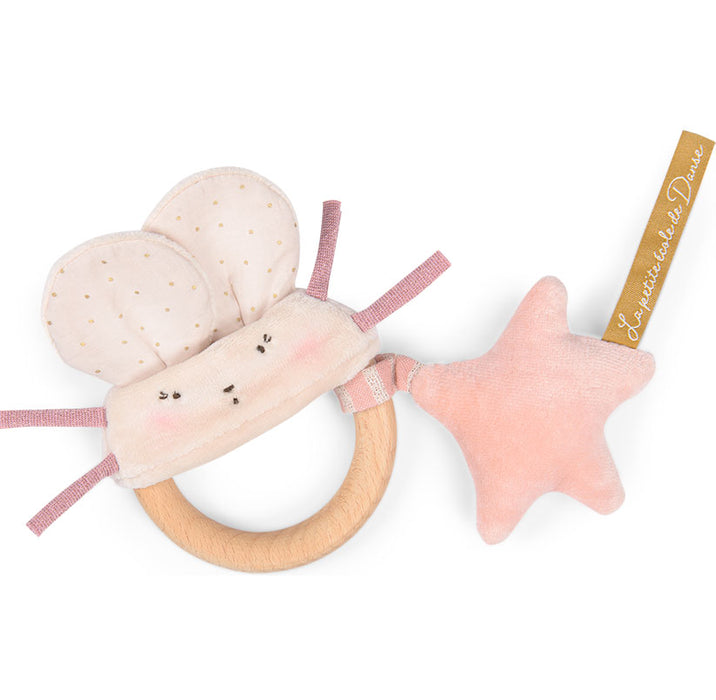 Moulin Roty wooden ring rattle - pink & cream mouse