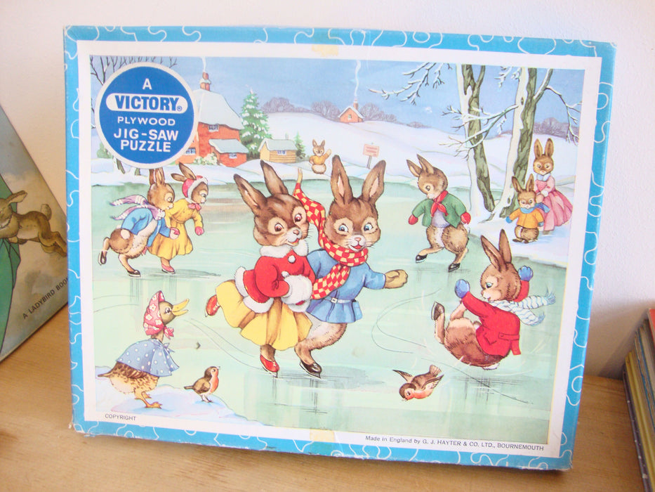 VINTAGE Victory Children's Wooden 30-piece puzzle - Skating Bunnies