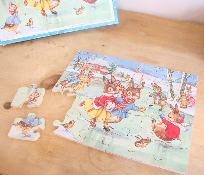 VINTAGE Victory Children's Wooden 30-piece puzzle - Skating Bunnies
