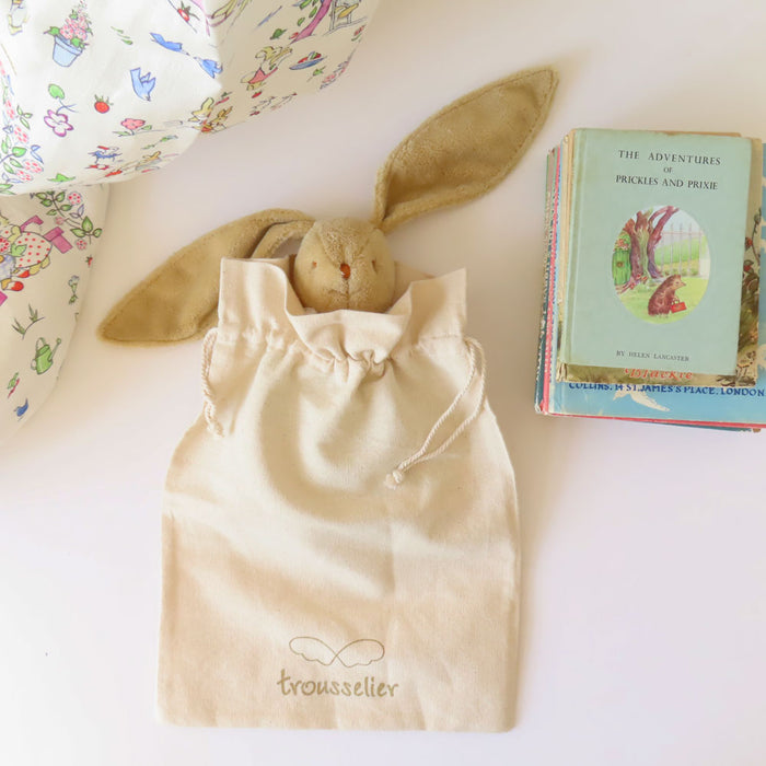 Trousselier soft flat bunny rattle in fabric gift bag - ivory