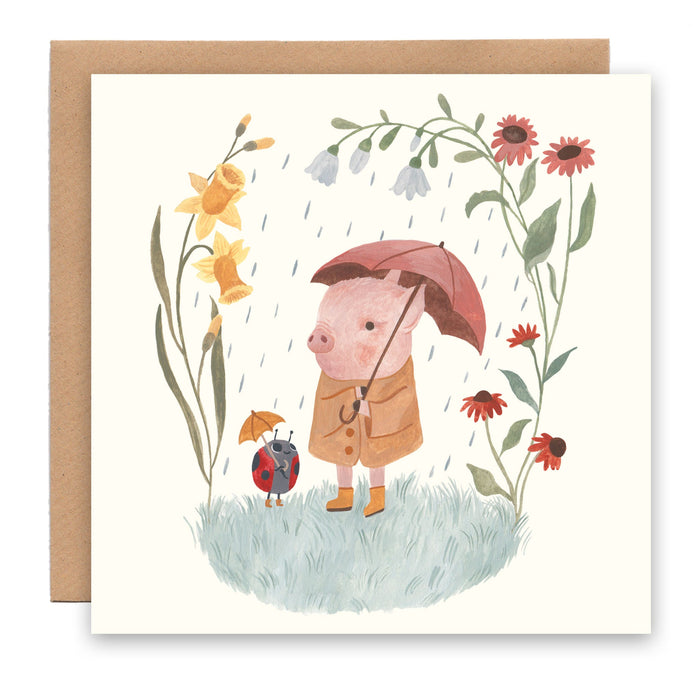 Greeting Card - Little Pig in the Rain