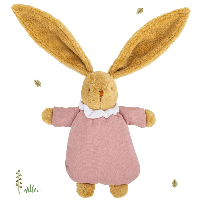 Trousselier soft flat bunny rattle in fabric gift bag - rose