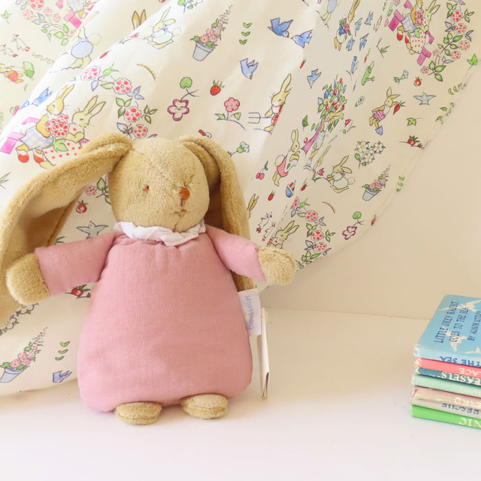 Trousselier soft flat bunny rattle in fabric gift bag - rose