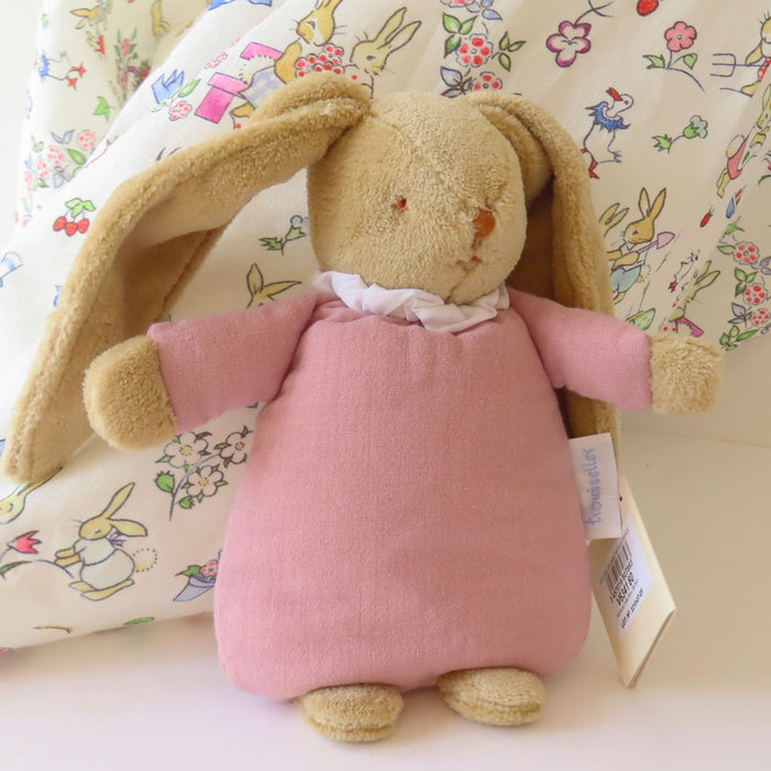 Trousselier soft flat bunny rattle in fabric gift bag - rose