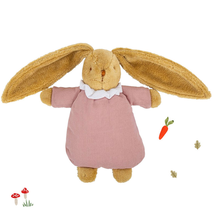 Trousselier soft flat bunny rattle in fabric gift bag - rose