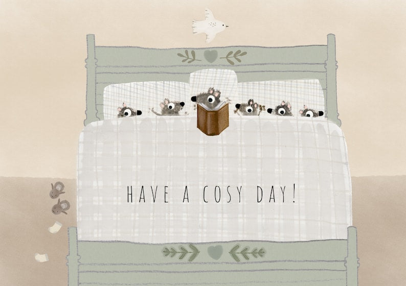 Postcard & Envelope - Mouse Family in Bed / Cosy Day