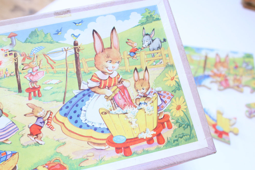 VINTAGE Victory Children's Wooden 12 piece puzzle - rabbits' laundry day
